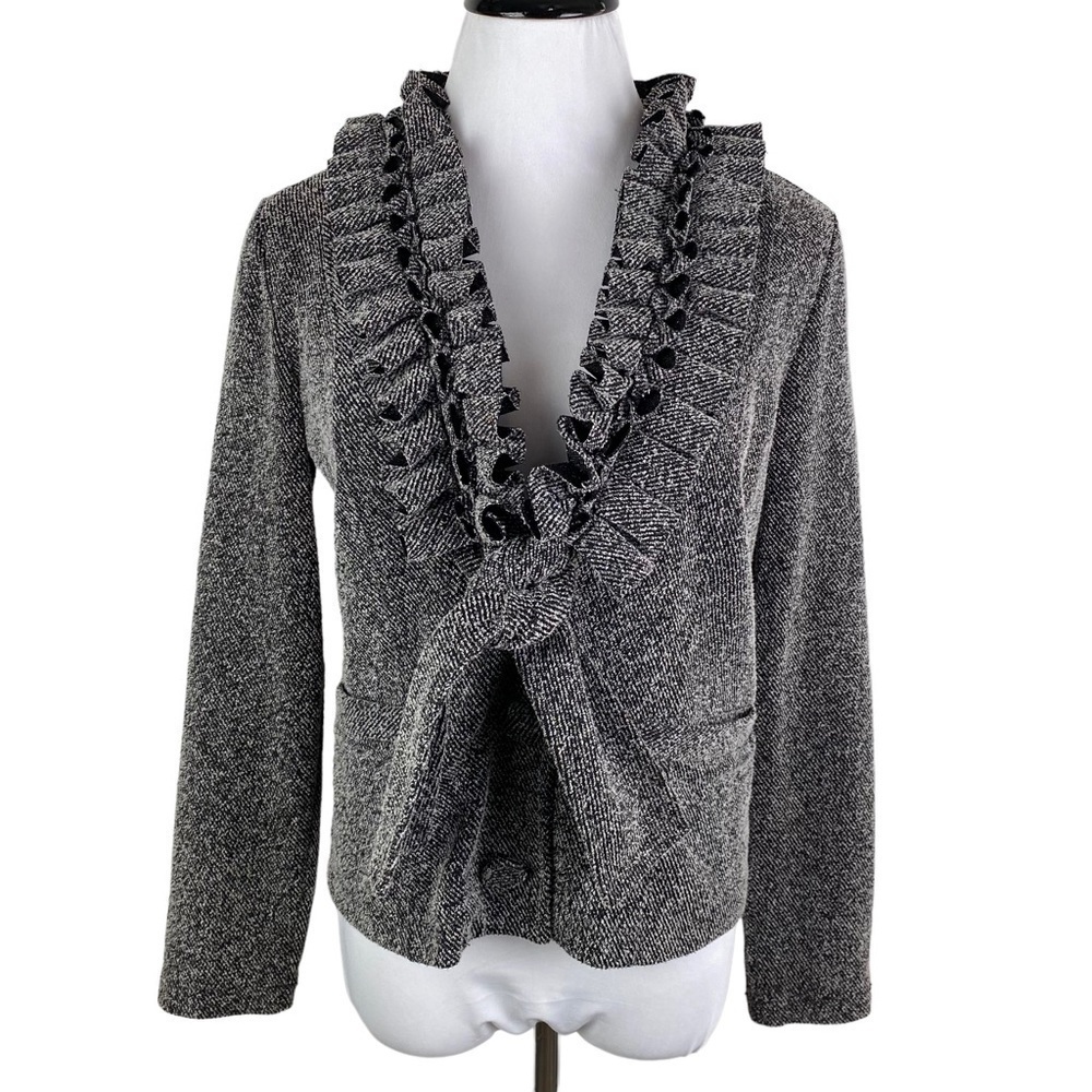 Fever Ruffle Neck 3-Button‎ Tie Front Tweed Blazer Jacket Women's Small Gray